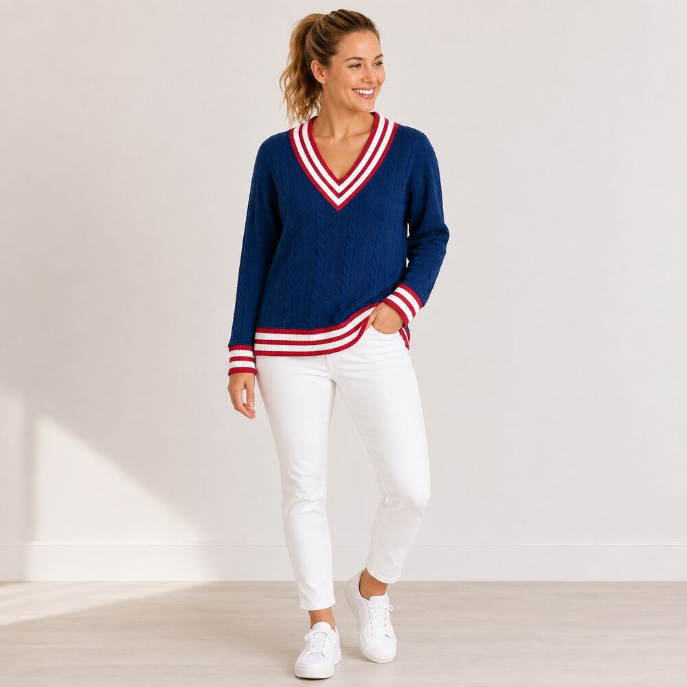 Tuckernuck Tnuck Sport Americana Cable Turner Pullover Size S Navy Preppy Resort